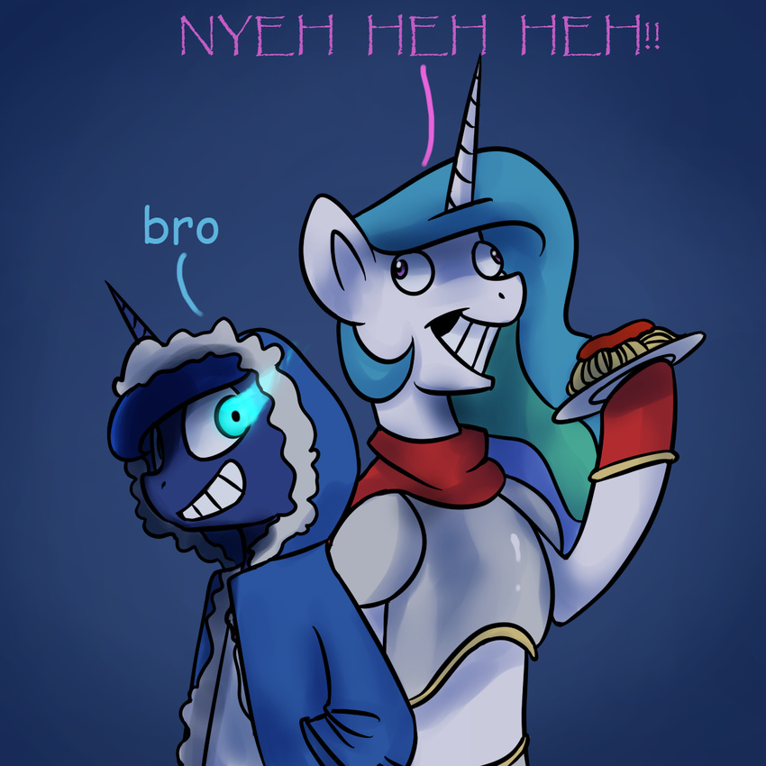 anticularpony clothing dialogue equine feral food friendship_is_magic glowing glowing_eyes grin hair halloween holidays hoodie horn horse mammal multicolored_hair my_little_pony papyrus_(undertale) pony princess_celestia_(mlp) princess_luna_(mlp) sans_(undertale) spaghetti two_tone_hair undertale video_games winged_unicorn wings