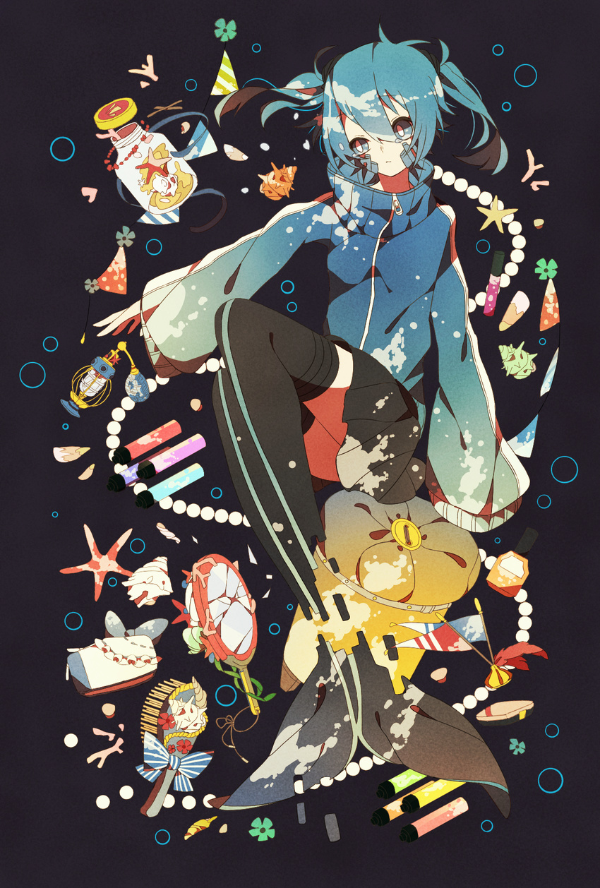 blue_eyes blue_hair bubble ene_(kagerou_project) highres jar kagerou_project long_hair mermaid mirror monster_girl mura_konbane pearl ribbon seashell shell solo starfish tears twintails