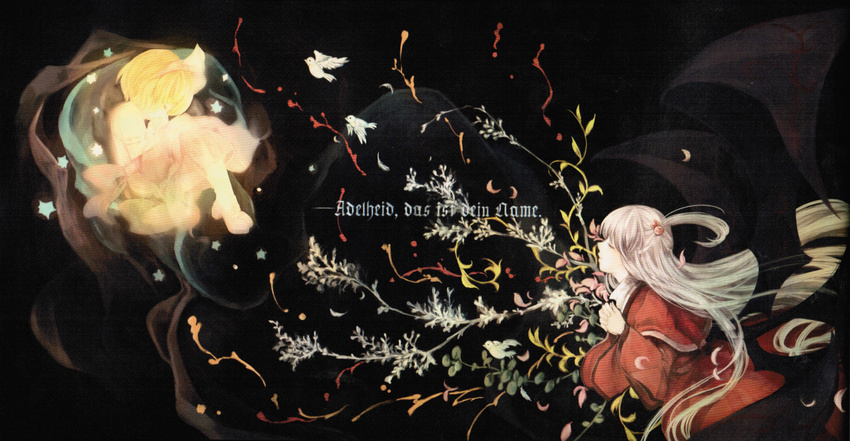 alice_margatroid alice_margatroid_(pc-98) bird black_background blonde_hair capelet closed_eyes dress hair_bobbles hair_ornament hairband hanada_hyou highres long_hair long_sleeves multiple_girls profile red_dress ribbon scan shinki shirt shoes short_hair short_sleeves side_ponytail silver_hair skirt star text_focus touhou touhou_(pc-98) wide_sleeves wings younger