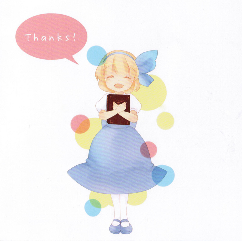 alice_margatroid alice_margatroid_(pc-98) blonde_hair blue_hairband book closed_eyes english full_body hairband hanada_hyou highres mary_janes open_mouth pantyhose puffy_sleeves ribbon scan scan_artifacts shirt shoes short_hair short_sleeves skirt smile solo speech_bubble text_focus touhou touhou_(pc-98) white_legwear younger