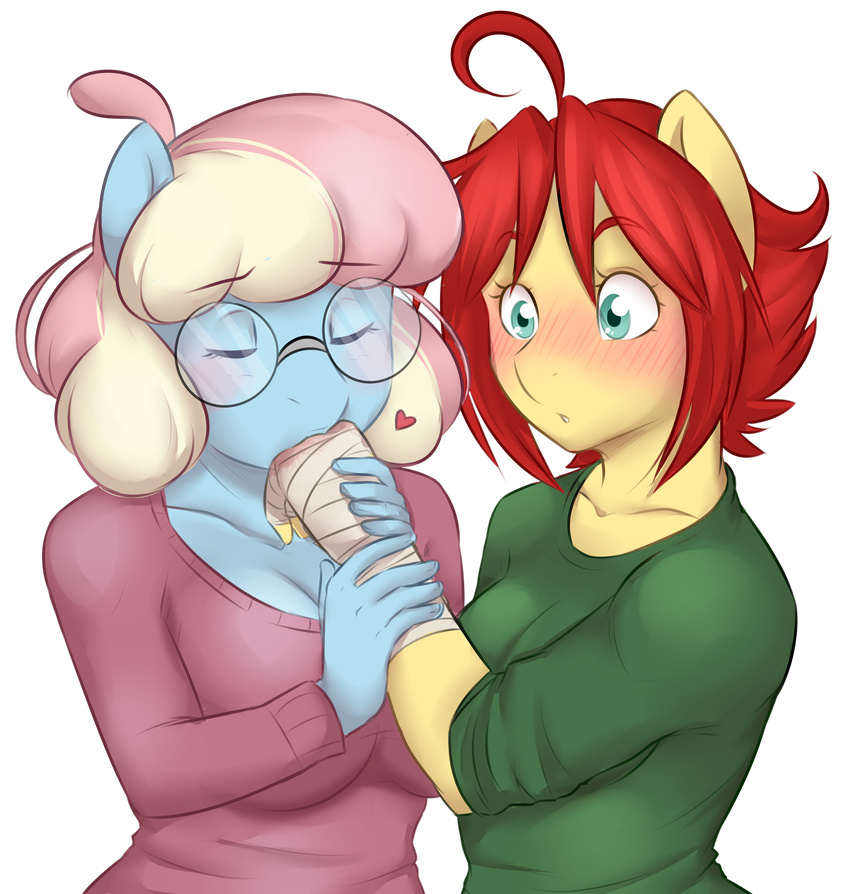 &lt;3 anthro bandage blush breasts cat-named-fish cleavage clothed clothing crayola cute duo earth_pony equine eyes_closed eyewear fan_character female finger_licking friendship_is_magic glasses hair horse kissing mammal multicolored_hair my_little_pony pony spellbind translucent two_tone_hair