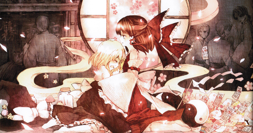 blonde_hair blush braid brown_hair closed_eyes crying detached_sleeves floral_print full_body gohei hair_ornament hair_ribbon hair_tubes hakurei_reimu hanada_hyou hat hat_removed headwear_removed highres japanese_clothes kirisame_marisa long_sleeves miko multiple_girls ofuda open_mouth orb petals profile puffy_sleeves ribbon scan scan_artifacts shirt short_hair short_sleeves side_braid single_braid sitting skirt skirt_set socks star tears touhou vest white_legwear wide_sleeves witch_hat yin_yang