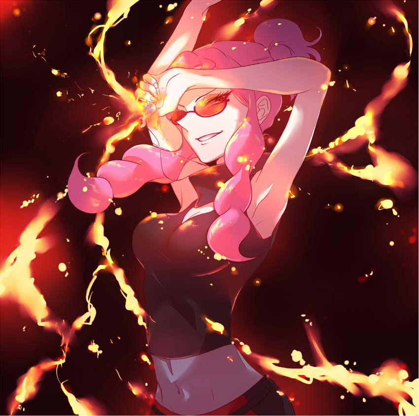 arms_up breasts cleavage curly_hair elite_four grin ivory_(25680nico) long_hair looking_at_viewer medium_breasts mega_stone midriff navel pachira_(pokemon) pink_hair pokemon pokemon_(game) pokemon_xy ponytail red-tinted_eyewear red_eyes sleeveless smile solo sunglasses team_flare