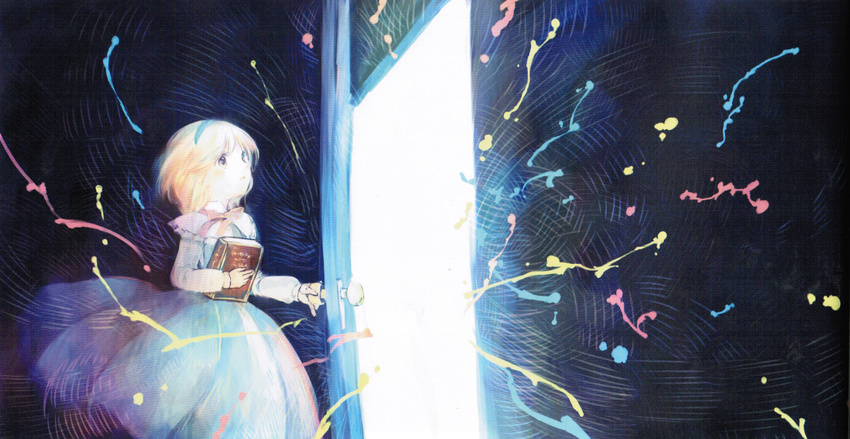 alice_margatroid blonde_hair blue_dress book capelet dress hairband hanada_hyou highres long_sleeves looking_up open_door ribbon scan short_hair solo touhou