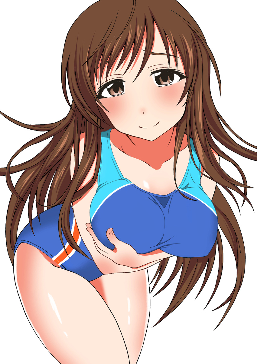 bent_over breasts brown_eyes brown_hair collarbone competition_swimsuit highres idolmaster idolmaster_cinderella_girls idolmaster_cinderella_girls_starlight_stage large_breasts long_hair looking_at_viewer nitta_minami one-piece_swimsuit simple_background smile solo swimsuit vox_(daisuke-vox-1068) white_background