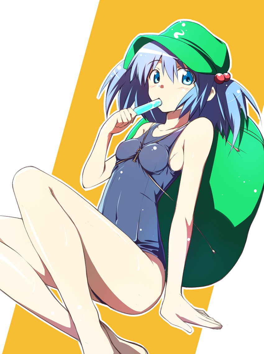 backpack bag blue_eyes blue_hair breasts food hair_bobbles hair_ornament hat highres kawashiro_nitori key looking_at_viewer nirap one-piece_swimsuit popsicle school_swimsuit sitting small_breasts solo swimsuit touhou twintails two_side_up