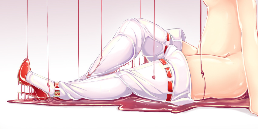 breasts collar head_out_of_frame high_heels hips ichirino_minagi medium_breasts ooze original out_of_frame red_footwear ribbon-trimmed_thighhighs shoes sitting solo stomach sweat thighhighs thighs topless white_legwear