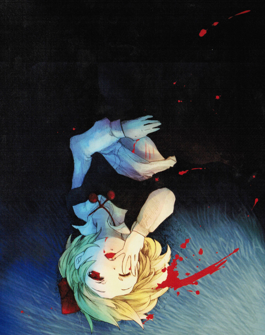 blonde_hair blood hair_ribbon hanada_hyou highres long_sleeves one_eye_closed open_mouth red_eyes ribbon rumia scan scan_artifacts shirt short_hair skirt solo touhou upside-down vest