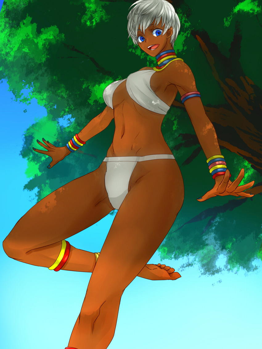 anklet armlet bad_id bad_pixiv_id barefoot bikini blue_eyes blue_nails bracelet breasts criss-cross_halter dark_skin elena_(street_fighter) frogcage halter_top halterneck highres jewelry nail_polish navel neck_ring short_hair sideboob silver_hair smile solo street_fighter street_fighter_iii_(series) swimsuit toes very_dark_skin white_bikini