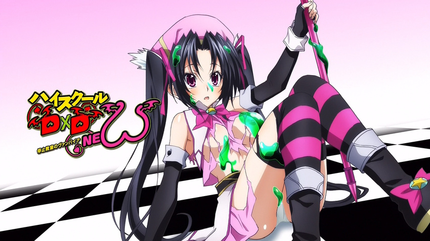 black_hair breasts checkered checkered_floor copyright_name detached_sleeves eyecatch hair_ribbon hat high_school_dxd high_school_dxd_new highres holding large_breasts long_hair nipples open_mouth panties pink_ribbon purple_eyes ribbon screencap serafall_leviathan solo striped striped_legwear thighhighs torn_clothes torn_legwear twintails underwear white_panties