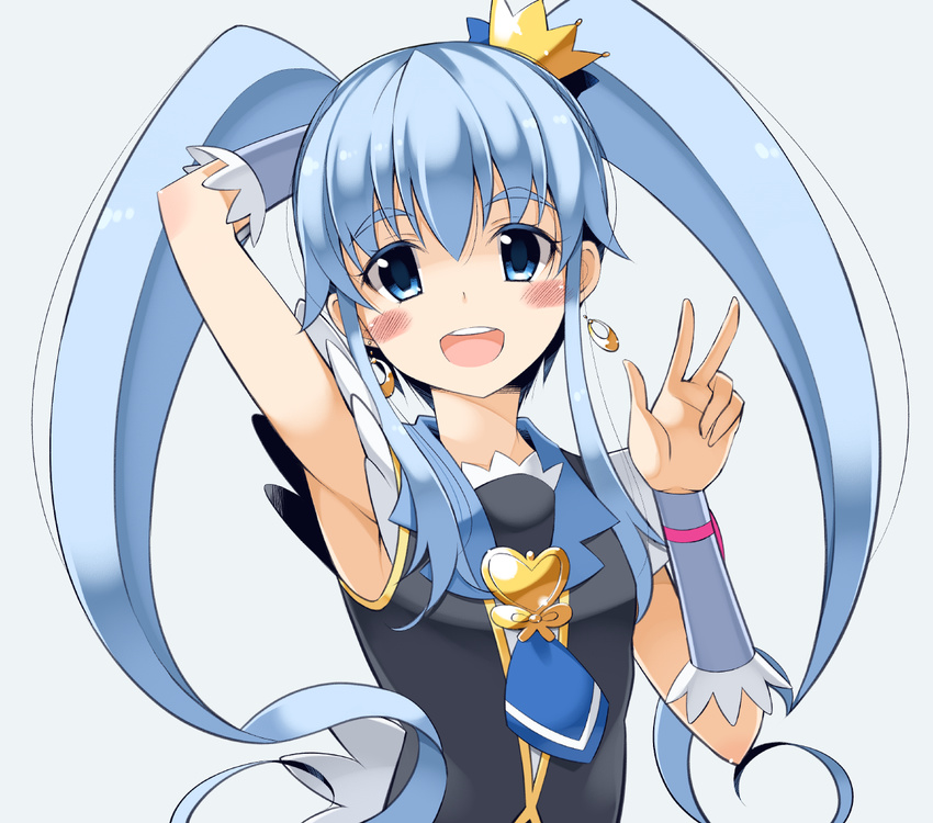 arm_behind_head armpits blue_eyes blue_hair blush crown cure_princess earrings happinesscharge_precure! jewelry long_hair looking_at_viewer magical_girl oota_yuuichi open_mouth precure shirayuki_hime smile solo twintails v
