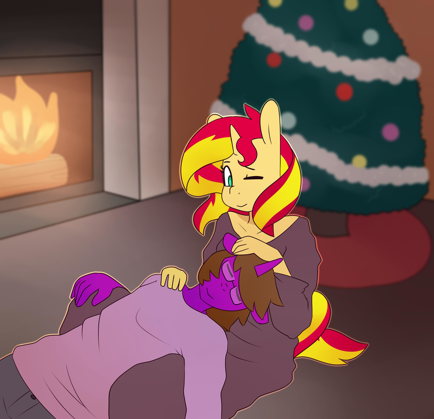 anthro christmas christmas_lights christmas_tree clothing couple duo equestria_girls equine fan_character female fire fireplace hair holidays horn male mammal multicolored_hair my_little_pony sage_archer somescrub sunset_shimmer_(eg) tinsel tree two_tone_hair unicorn