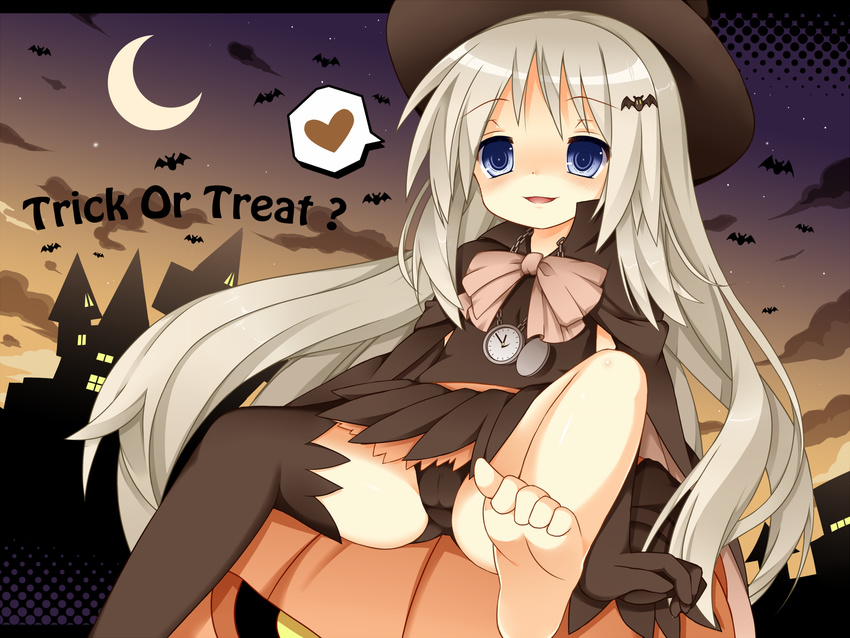 barefoot blonde_hair blue_eyes crescent_moon empty_eyes halloween hat highres little_busters! long_hair mizunashi_tomo moon noumi_kudryavka panties single_thighhigh solo spread_legs thighhighs underwear witch_hat