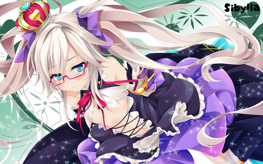 awakening_(sennen_sensou_aigis) bespectacled blue_eyes blush crown glasses highres long_hair looking_at_viewer ogami_kazuki sennen_sensou_aigis silver_hair skirt solo sybilla thighhighs twintails very_long_hair