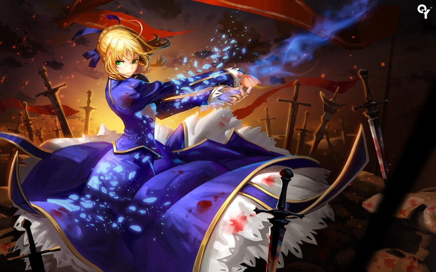 ahoge artoria_pendragon_(all) banner battlefield blonde_hair blood blue_dress braid dress fate/stay_night fate_(series) green_eyes highres invisible_air liang_xing looking_back multiple_swords saber shatter solo sword weapon