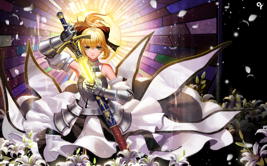 ahoge armor armored_dress artoria_pendragon_(all) bangs bare_shoulders blonde_hair bow caliburn detached_sleeves dress fate/stay_night fate/unlimited_codes fate_(series) flower gauntlets glowing glowing_sword glowing_weapon green_eyes hair_bow hair_ribbon highres holding holding_sword holding_weapon liang_xing lily_(flower) long_hair looking_at_viewer motion_blur petals ponytail ribbon saber saber_lily sheath solo sword unsheathing weapon white_flower wind