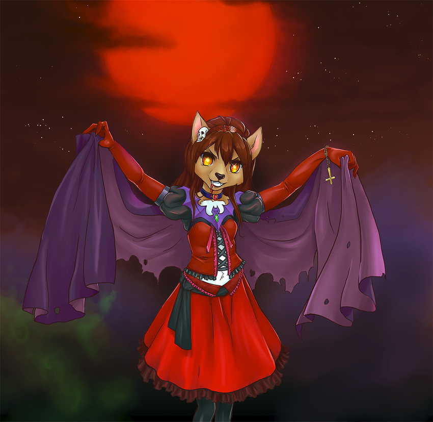 amber_eyes anthony_sarkasuo blood bracelet brown_hair canine cape choker clothing corset elbow_gloves florence_ambrose freefall gloves hair hairband halloween holidays inverted_cross jewelry looking_at_viewer mammal moon pose raised_arm red_wolf skirt teeth vampire webcomic wolf