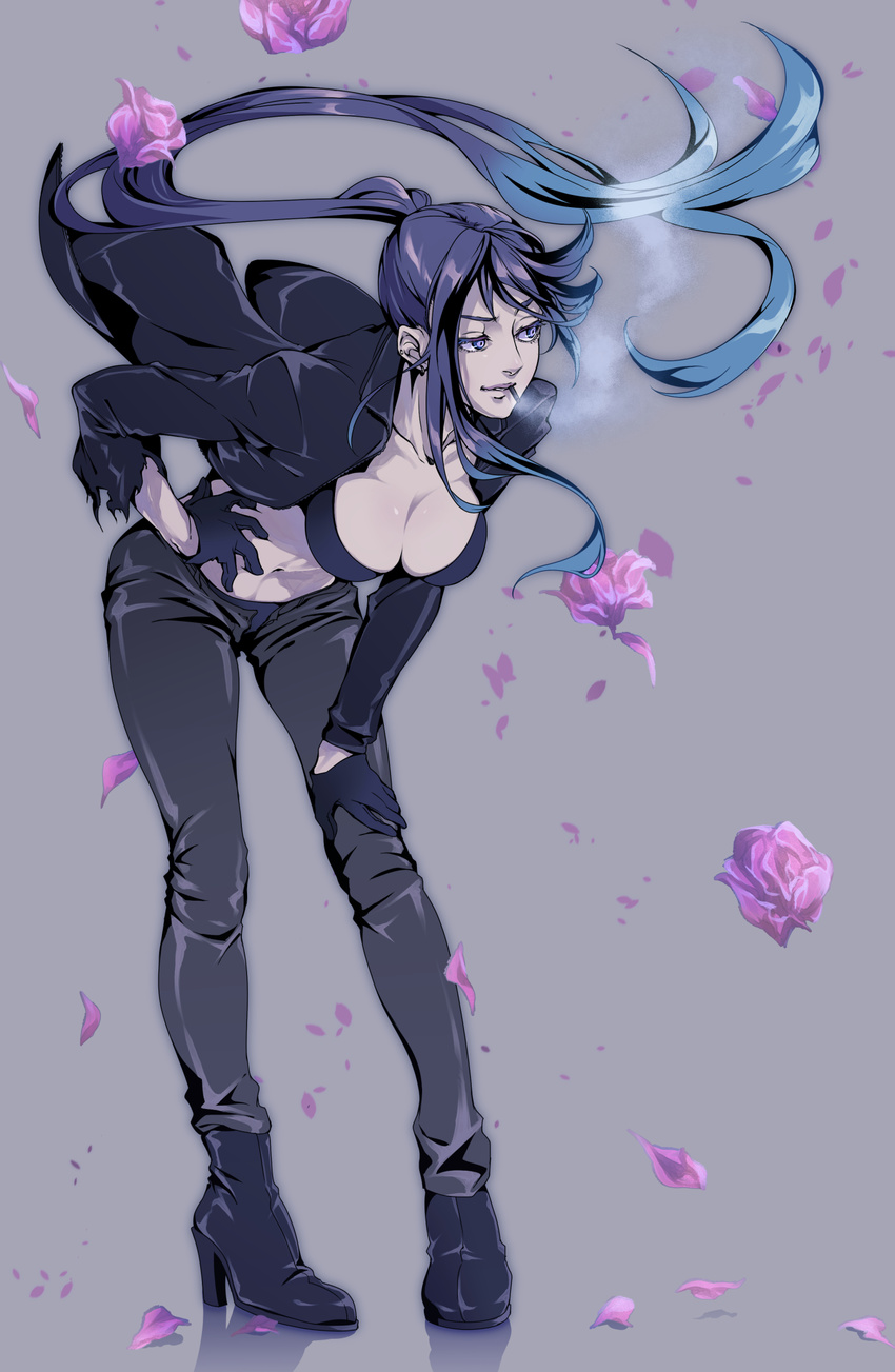 arm_support bad_id bad_pixiv_id bent_over black_bra black_footwear black_gloves black_pants blue_hair boots bra breasts cigarette cleavage collarbone earrings flower full_body gloves gradient_hair hand_on_hip hand_on_own_knee high_heel_boots high_heels highres jacket jewelry large_breasts legs_apart long_hair looking_to_the_side marichi midriff mouth_hold multicolored_hair navel original pants parted_lips petals pigeon-toed ponytail purple_hair rose simple_background smoking solo standing torn_clothes torn_jacket underwear very_long_hair