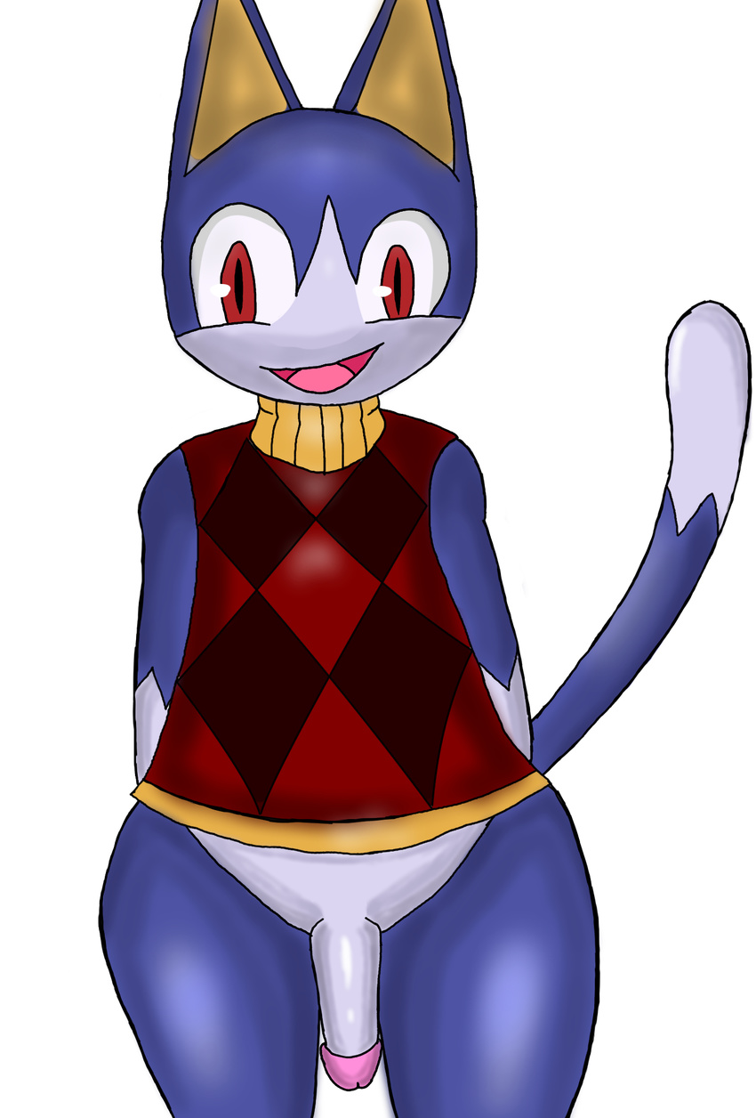 animal_crossing animal_humanoid anthro blue_fur cat cat_humanoid clothing feline fur humanoid iguanasarecool invalid_tag male mammal nintendo open_mouth penis red_eyes rover standing sweater vest video_games