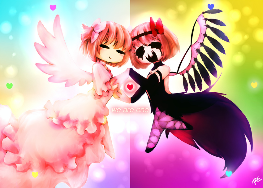 :d akuma_homura akuma_homura_(cosplay) androgynous black_feathers bow chara_(undertale) chibi cosplay dress english frisk_(undertale) hair_bow headband heart highres horror_(theme) initial mahou_shoujo_madoka_magica mahou_shoujo_madoka_magica_movie makeup multiple_others open_mouth parody pink_dress pink_legwear rumi_cha short_hair smile spoilers ultimate_madoka ultimate_madoka_(cosplay) undertale wings