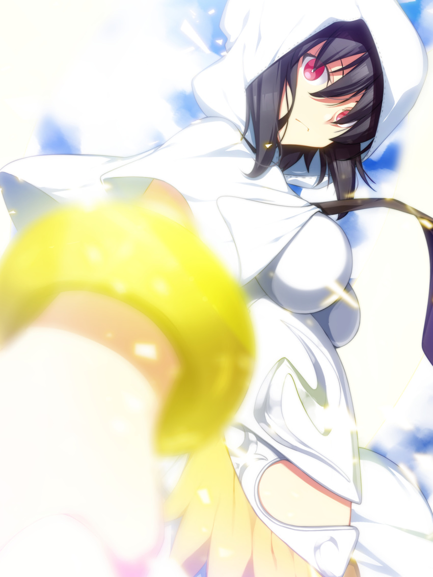 black_hair breasts cape fate/grand_order fate_(series) from_below highres hood looking_at_viewer medium_breasts ortlinde_(fate/grand_order) red_eyes shimo_(depthbomb) short_hair skylader solo valkyrie_(fate/grand_order)