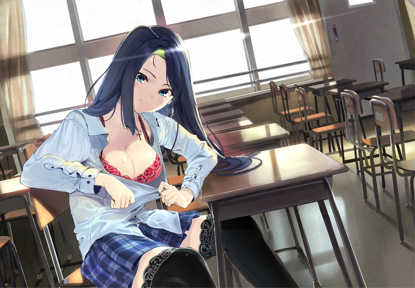 black_legwear blue_eyes blue_hair bra breasts buttons chair classroom cleavage closed_mouth collared_shirt cross cross_earrings cross_necklace desk dress_shirt dutch_angle earrings furukawa_itsuse hair_ornament head_tilt highres indoors jewelry lens_flare long_hair long_sleeves looking_at_viewer medium_breasts miniskirt necklace open_clothes open_shirt original plaid plaid_skirt pulled_by_self red_bra school_desk shade shirt shirt_pull sitting skirt smile solo sweat thighhighs underwear window zettai_ryouiki