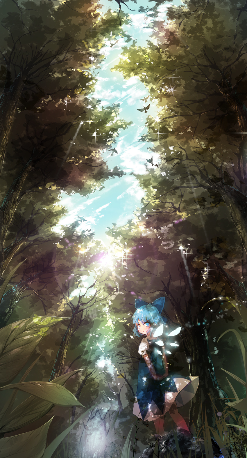 akisha arms_behind_back bird blue_dress blue_eyes blue_hair blue_sky bow cirno cloud dappled_sunlight day dress forest from_behind hair_bow hair_ornament highres landscape looking_at_viewer looking_back nature puffy_short_sleeves puffy_sleeves shirt short_hair short_sleeves sky solo sparkle sunlight touhou tree tree_shade
