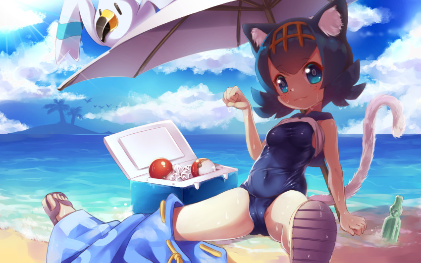 1girl animal_ears arm_support bangs bare_arms bird blue_pants blue_sky breasts cat_ears cat_girl cat_tail closed_mouth cloud cloudy_sky cooler covered_navel day eyebrows_visible_through_hair flip-flops gen_3_pokemon hair_between_eyes hairband island leaning_back looking_at_viewer looking_to_the_side mado-js one-piece_swimsuit outdoors pants pants_around_one_leg paw_pose poke_ball pokemon pokemon_(anime) pokemon_(game) pokemon_sm pokemon_sm_(anime) sand sandals seagull shirt shirt_lift shoe_soles sitting sky small_breasts smile spread_legs suiren_(pokemon) swimsuit tail tree umbrella water wet white_shirt wingull