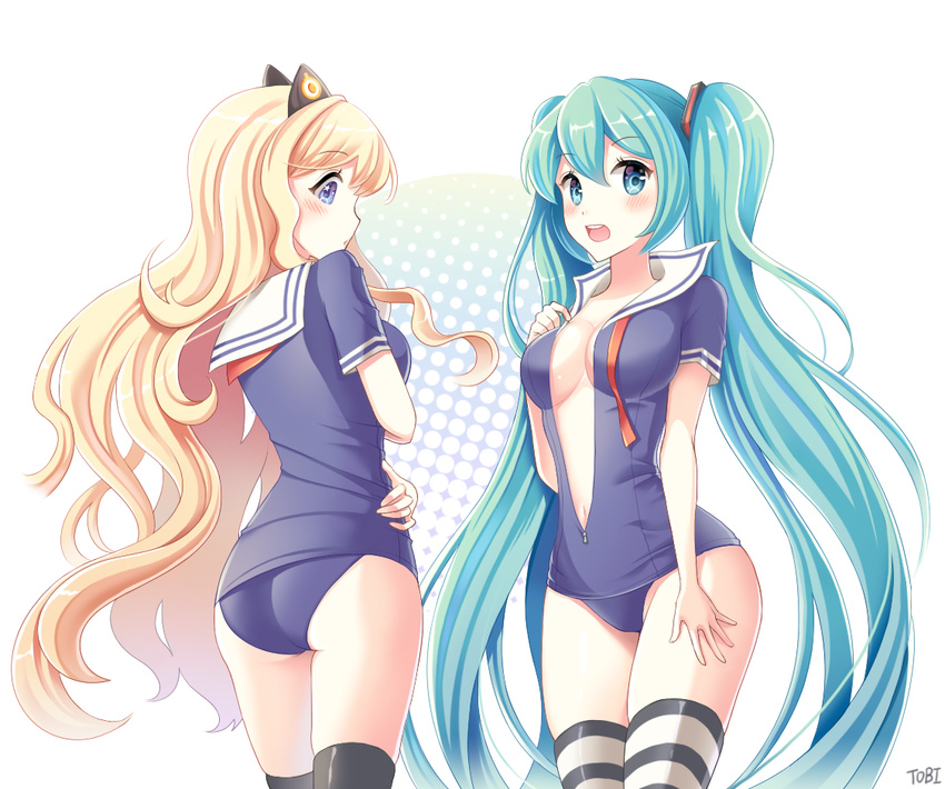 aqua_eyes aqua_hair artist_name ass bad_id bad_pixiv_id blonde_hair blue_eyes blush breasts center_opening cleavage green_eyes green_hair hatsune_miku long_hair medium_breasts multiple_girls navel nontraditional_school_swimsuit one-piece_swimsuit open_mouth sailor_collar sailor_one-piece_swimsuit school_swimsuit seeu striped striped_legwear swimsuit thighhighs tobi_(mue86) twintails unzipped very_long_hair vocaloid zipper