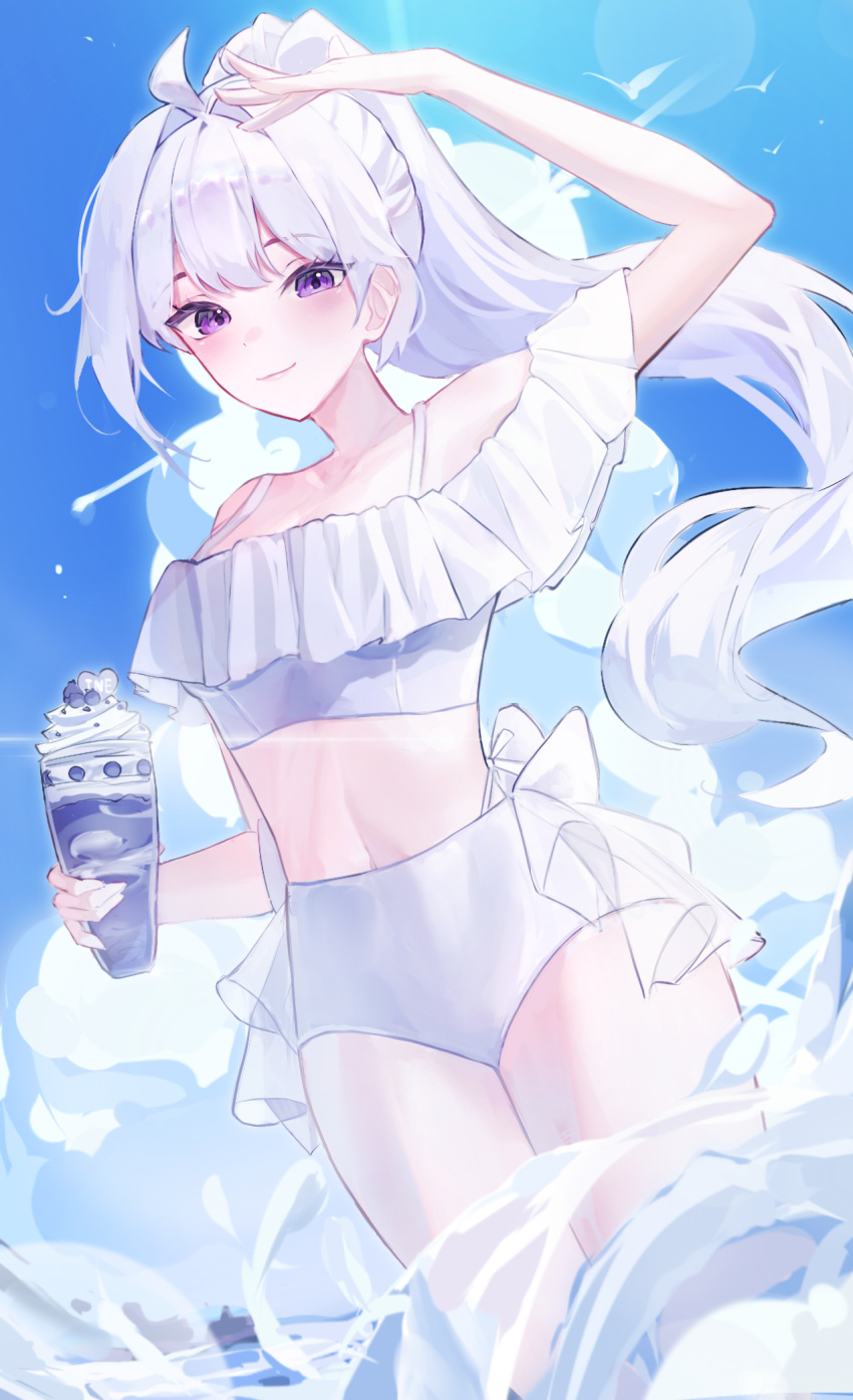1girl ahoge arm_up bare_shoulders bikini blue_sky blush breasts closed_mouth cloud collarbone commentary cowboy_shot cup day food frilled_bikini frills high_ponytail highres holding holding_cup ice_cream ine_(vtuber) korean_commentary lens_flare long_hair looking_at_viewer meung-sil navel ocean off-shoulder_bikini off-shoulder_one-piece_swimsuit off_shoulder one-piece_swimsuit outdoors ponytail purple_eyes shading_eyes sky smile solo stomach swimsuit very_long_hair virtual_youtuber wading waktaverse water white_bikini white_hair