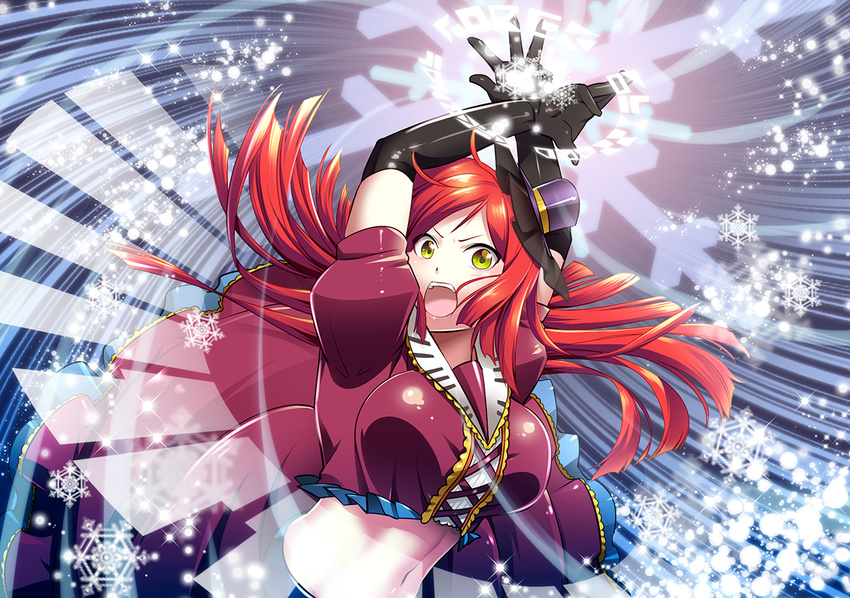 :d arms_up black_gloves breasts caffein elbow_gloves gloves green_eyes hat jacket large_breasts long_hair magic_circle male_focus midriff mini_hat mini_top_hat namine_ritsu navel open_mouth otoko_no_ko puffy_short_sleeves puffy_sleeves red_hair red_jacket short_sleeves smile snowflakes solo top_hat upper_body utau v-shaped_eyebrows