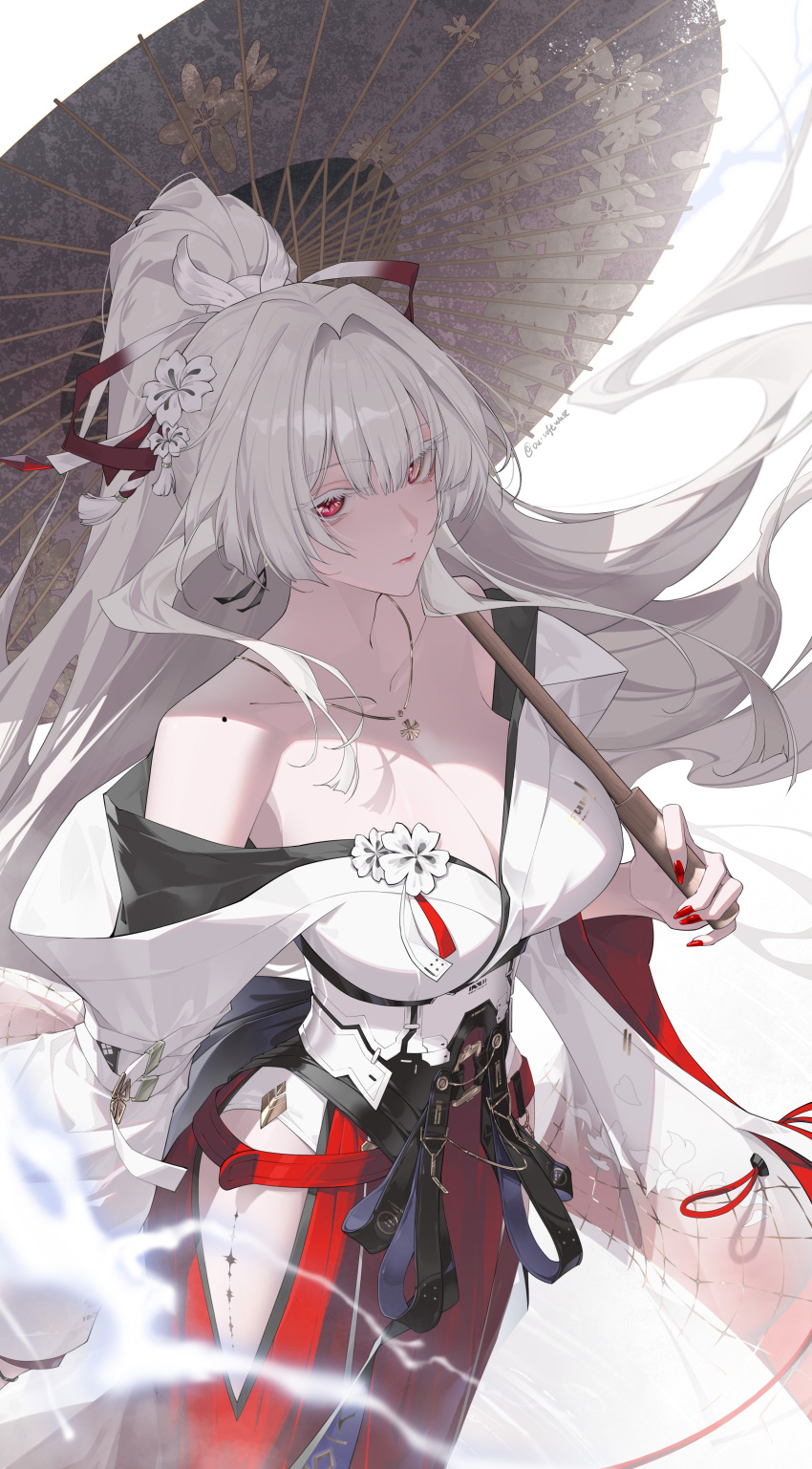 1girl absurdres bare_shoulders breasts cleavage colored_eyelashes commentary_request hakama hakama_skirt high_ponytail highres hiyuki_(wuthering_waves) holding holding_umbrella huang_(pixiv3580877) japanese_clothes jewelry large_breasts long_hair long_sidelocks looking_at_viewer miko mole mole_on_shoulder necklace off_shoulder oil-paper_umbrella ponytail red_eyes red_hakama red_nails red_ribbon ribbon sidelocks skirt solo umbrella white_eyelashes white_hair wuthering_waves