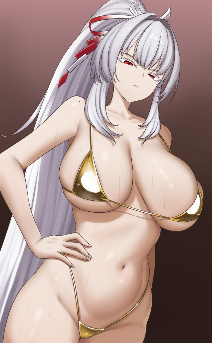 1girl absurdres bare_shoulders bikini breasts bu_li cleavage colored_eyelashes commentary_request gold_bikini hair_ribbon high_ponytail highleg highleg_bikini highres hiyuki_(wuthering_waves) large_breasts long_hair looking_at_viewer navel ponytail red_eyes ribbon sidelocks solo swimsuit white_eyelashes white_hair wuthering_waves