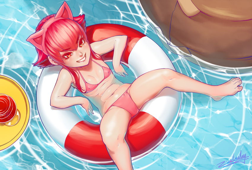 annie_hastur cup deathwingxiii drinking_glass highres league_of_legends lifebuoy midriff navel pool short_hair smile solo swimsuit tibbers tray water