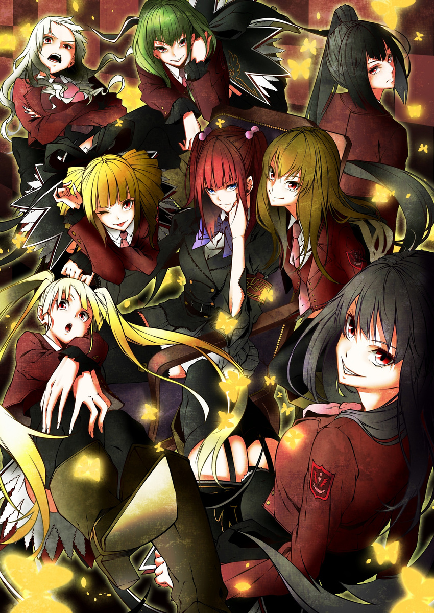 ;q absurdres asmodeus beelzebub belphegor black_hair black_legwear blonde_hair blue_eyes boots chair crossed_arms garter_straps green_hair grin hair_ornament high_heels highres leviathan_(umineko) long_hair looking_at_viewer lucifer mammon multiple_girls necktie one_eye_closed open_mouth red_eyes red_hair ribbon satan side_ponytail sitting skirt smile stakes_of_purgatory teeth thighhighs tongue tongue_out twintails umineko_no_naku_koro_ni ushiromiya_ange vice_(kuronekohadokoheiku)