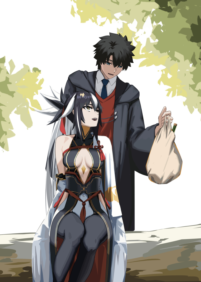 1boy 1girl bare_shoulders black_hair black_robe black_shirt black_skirt black_thighhighs blue_eyes breasts center_opening detached_sleeves facial_mark fate/grand_order fate_(series) forehead_mark fujimaru_ritsuka_(male) fujimaru_ritsuka_(male)_(mage's_association_uniform) gold_trim green_eyes hair_between_eyes halterneck high_ponytail highres hooded_robe layered_skirt long_hair long_sleeves medium_breasts multicolored_hair nagao_kagetora_(fate) open_mouth paperpillar ponytail red_sweater robe shirt short_hair sidelocks skirt smile sweater thighhighs thighs two-tone_hair uesugi_kenshin_(third_ascension)_(fate) very_long_hair white_hair white_skirt wide_sleeves