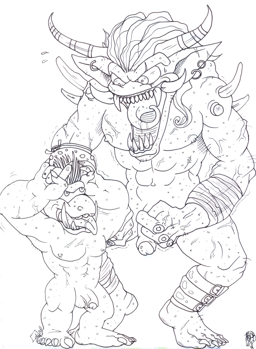 abs digimon drooling duo ear_piercing flaccid goblimon hair horn long_hair male monochrome muscle_vein necronomos nipples nude ogremon pecs penis piercing saliva spikes tagme teeth tongue vein