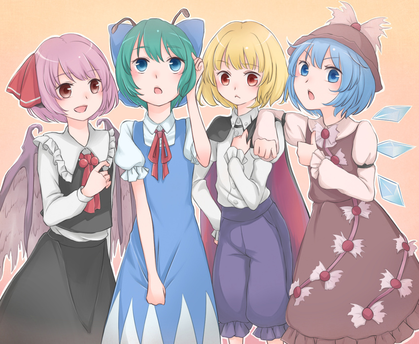 antennae ascot bad_id bad_pixiv_id bird_wings blonde_hair blue_dress blue_eyes blue_hair blush brown_dress brown_eyes cape cirno cirno_(cosplay) cosplay costume_switch dress gradient gradient_background green_hair hair_ornament hair_ribbon hat highres ice ice_wings long_sleeves looking_at_viewer looking_up multiple_girls mystia_lorelei mystia_lorelei_(cosplay) open_mouth orange_background pants pink_hair puffy_sleeves red_eyes ribbon rumia rumia_(cosplay) sail_(blacksail) shirt short_hair short_sleeves skirt skirt_set smile team_9 touhou vest wings wriggle_nightbug wriggle_nightbug_(cosplay)