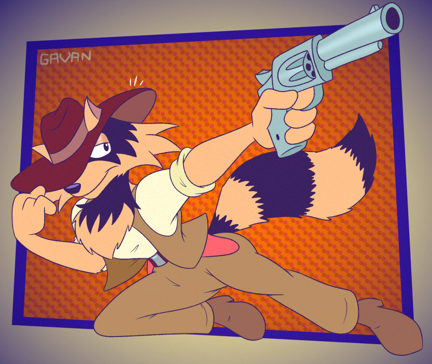 abstract_background action_pose alternate_version_at_paywall anthro beard black_stripes cheek_tuft clothing cowboy cowboy_hat digital_drawing_(artwork) digital_media_(artwork) facial_hair facial_tuft fluffy fluffy_tail fur gavanzude gun hat headgear headwear hi_res holster male mammal markings pose procyonid raccoon ranged_weapon rocky_raccoon_(strawberry_fields) signature smug solo strawberry_fields striped_markings striped_tail stripes tail tail_markings tan_body tan_fur tipping_hat topwear tuft vest weapon