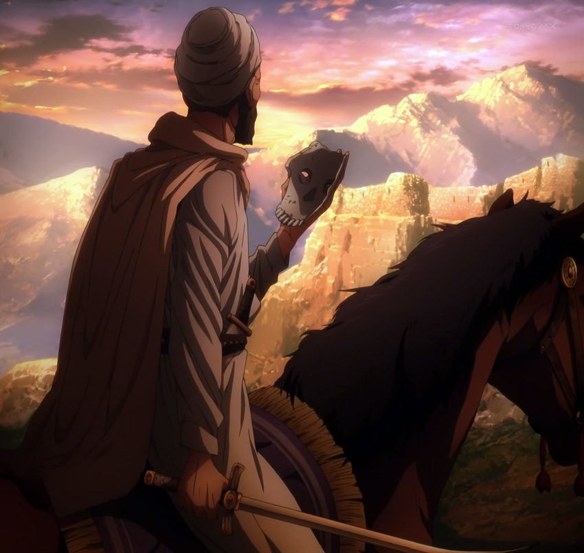 assassin_(fate/zero) beard black_hair facial_hair fate/zero fate_(series) from_behind highres holding holding_sword holding_weapon horse skull_mask sword weapon