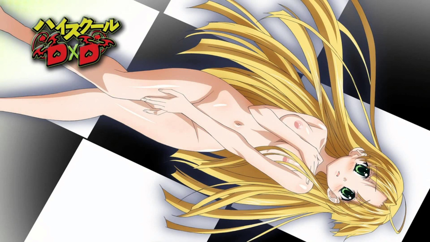 asia_argento blonde_hair breasts checkered checkered_floor copyright_name covering covering_crotch eyecatch green_eyes high_school_dxd highres long_hair looking_at_viewer lying medium_breasts nipples nude on_back screencap solo