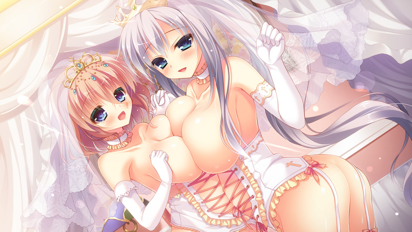 ass asymmetrical_docking blue_eyes blush breast_press breasts bridal_veil brown_hair cecilia_highland choker circlet corset curtains dutch_angle elbow_gloves fione_riese_erland frilled_choker frills game_cg garter_straps gloves interlocked_fingers large_breasts long_hair looking_at_viewer love_love_princess multiple_girls open_mouth rubi-sama short_hair silver_hair smile veil white_gloves