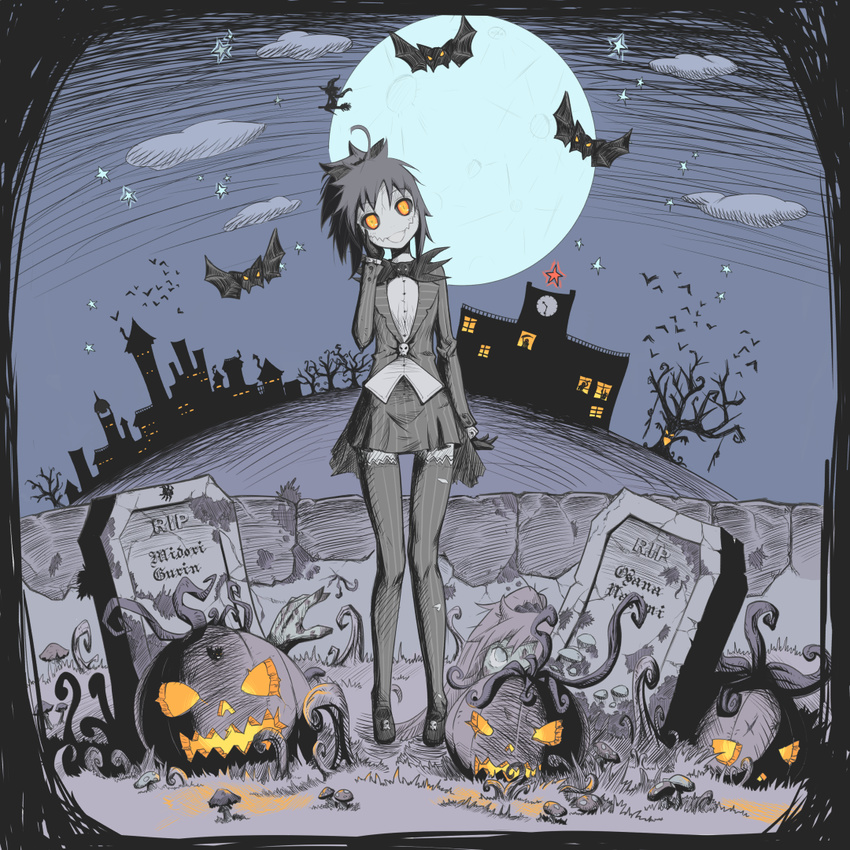 ayano_aishi bat black_sclera border character_name chatgaga_letouffu clock clock_tower costume death_(entity) full_body full_moon glasgow_smile gloves glowing glowing_eyes grim_reaper halloween hand_on_own_face hanged jack-o'-lantern knees_together_feet_apart looking_at_viewer messy_hair moon multiple_girls mushroom night orange_eyes pumpkin scythe short_hair solo_focus square standing star_(sky) thighhighs tombstone tower witch yandere_simulator zettai_ryouiki