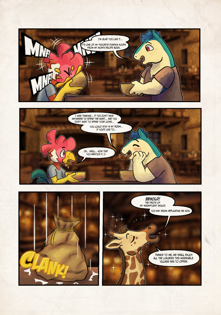 anthro avian bird chicken clothed clothing comic digital_media_(artwork) english_text galliform generation_2_pokemon giraffe giraffid group hi_res male mammal nintendo phasianid pokemon pokemon_(species) text trio typhlosion zaryuzu_73