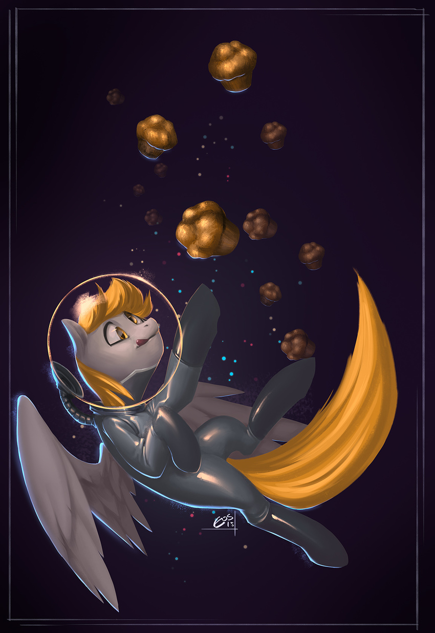 astronaut blonde_hair derp derpy_hooves_(mlp) eosphorite equine feral food friendship_is_magic hair horse mammal muffin my_little_pony pegasus pony rubber solo space spacesuit spread_wings tongue tongue_out wings yellow_eyes