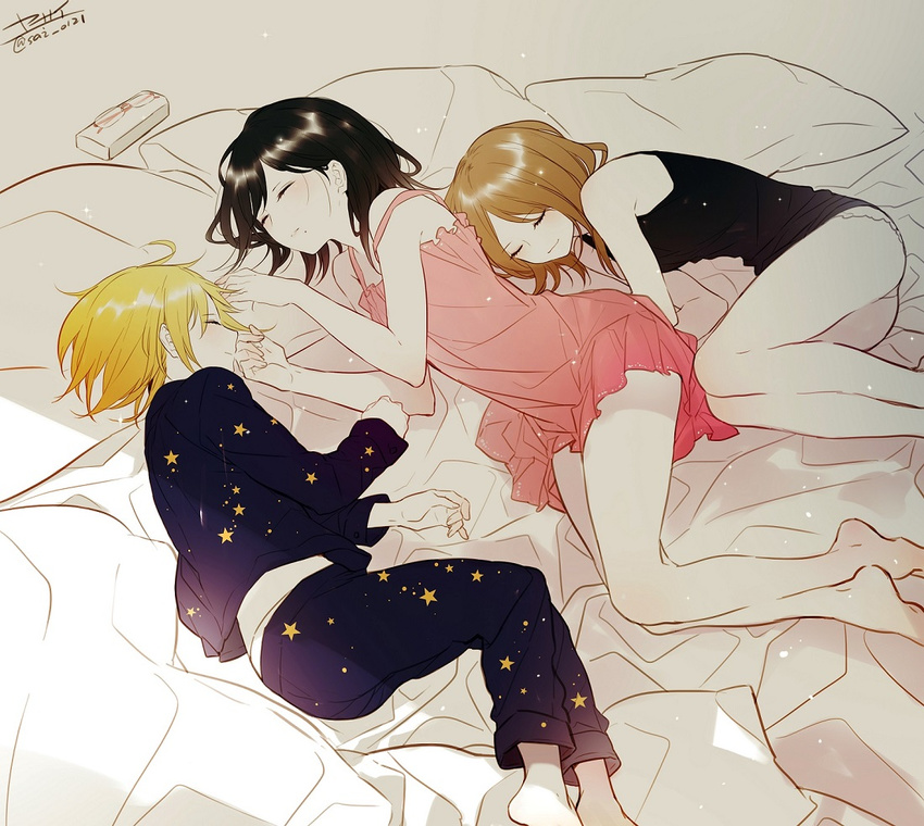 barefoot bed black_hair blanket blonde_hair blush brown_hair eyewear_removed girl_sandwich glasses haikyuu!! long_sleeves lying mole mole_under_mouth multiple_girls on_side panties pants pantyshot pantyshot_(lying) pillow sandwiched shimizu_kiyoko shirofuku_yukie short_hair signature sleeping sleepwear sleeveless smile star star_print starry_sky_print strap_slip underwear white_panties yachi_hitoka yasai_(getsu)