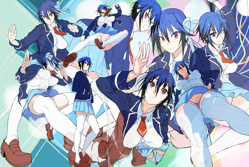 bad_id bad_pixiv_id blue_panties blush breasts cameltoe character_sheet large_breasts loafers long_legs looking_at_viewer mole mole_under_eye multiple_views nisekoi one_eye_closed panties purple_eyes school_uniform shino_(comic_penguin_club) shoes short_hair smile thighhighs tsugumi_seishirou underwear white_legwear