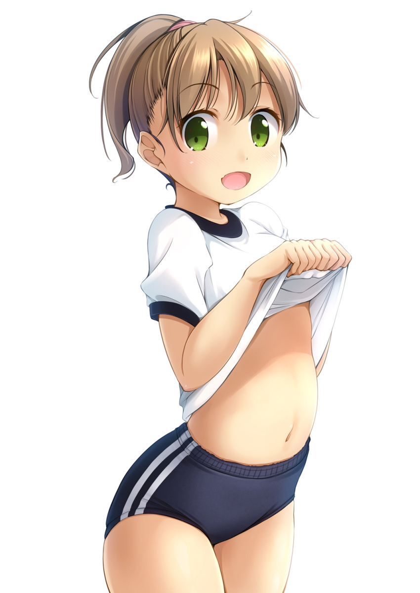 1girl :d blue_buruma brown_hair buruma commentary_request cowboy_shot fang green_eyes gym_shirt gym_uniform high_ponytail highres lifted_by_self looking_at_viewer navel open_mouth original ponytail puffy_short_sleeves puffy_sleeves shibacha shirt shirt_lift short_hair short_sleeves simple_background smile solo stomach white_background white_shirt