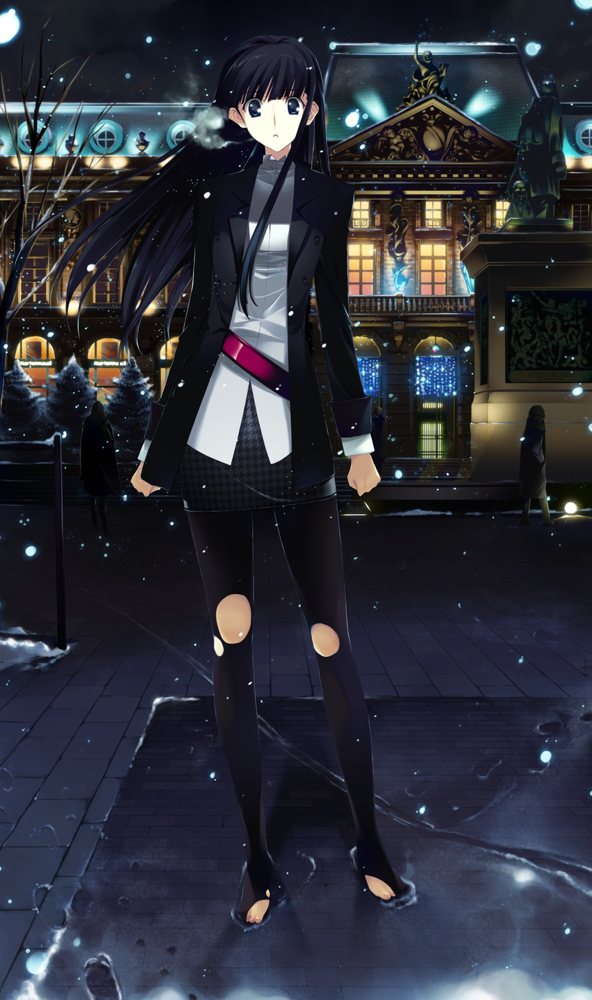 arms_at_sides bangs bare_tree belt black_hair black_jacket black_legwear blue_eyes blunt_bangs breath brick building christmas_lights footprints france frown full_body game_cg german highres houndstooth jacket long_hair long_sleeves looking_at_viewer nakamura_takeshi night no_shoes open_clothes open_jacket outdoors pantyhose pavement pencil_skirt real_world_location shirt skirt snow snowing solo_focus standing statue striped striped_legwear toes torn_clothes torn_legwear touma_kazusa tree white_album_2 white_shirt wind winter