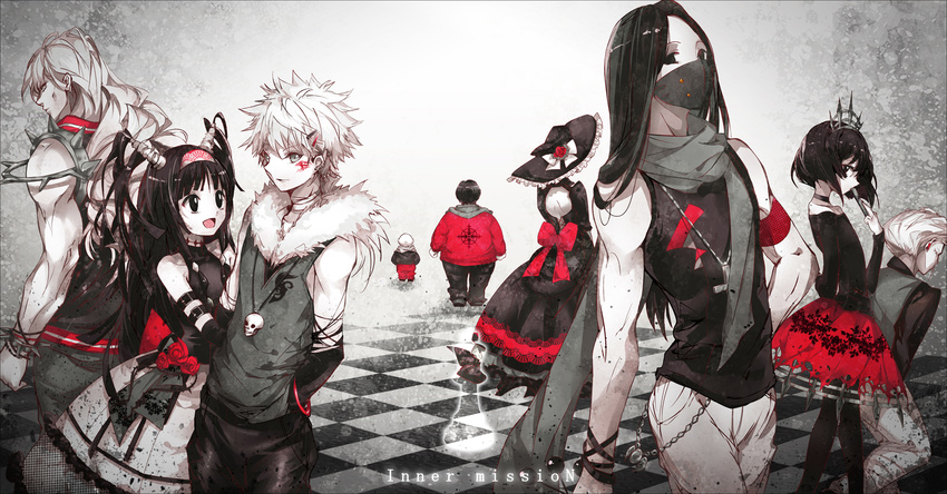 6+boys alluka_zoldyck alternate_costume alternate_hairstyle arm_belt back bad_id bad_pixiv_id bald bangs bare_shoulders belt black_dress black_eyes black_hair black_pants black_ribbon bow bracelet brothers chain checkered checkered_floor chess_piece choker cross cross_necklace crossover crown dress empty_eyes facial_hair family fan flower folding_fan fur_trim hair_ornament hairband hairclip hands_in_pockets hat highres holding hood hoodie hunter_x_hunter husband_and_wife illumi_zoldyck jewelry kalluto_zoldyck kikyou_zoldyck killua_zoldyck kinokohime long_hair long_sleeves looking_at_viewer maha_zoldyck mask milluki_zoldyck multiple_boys muscle necklace otoko_no_ko pants pantyhose red_bow red_pants red_skirt ribbon rose scarf short_hair shoulder_spikes siblings silva_zoldyck silver_eyes skirt skull skull_necklace sleeveless spiked_bracelet spikes standing text_focus torn_clothes transparent two_side_up very_long_hair white_hair white_pants white_skin zeno_zoldyck